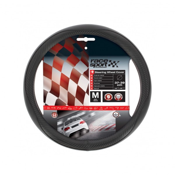 Funda de Volante Transpirable efecto Piel en Color Negro y Fibra de Carbono, Universal para Volnates 37-39cm diametro