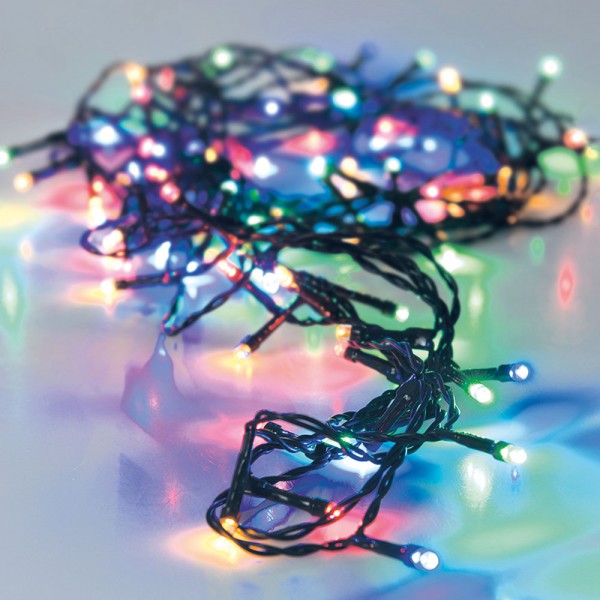 Guirnalda a pilas, multifunción, uso exterior, multicolor, cable negro, 24 leds, 2,30 m