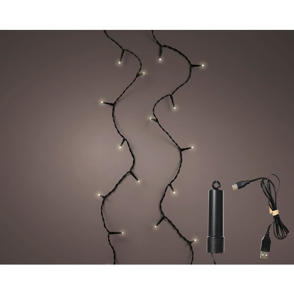 Guirnalda multifunción, uso exterior, recargable, blanco cálido, cable negro, 100 leds, 7,4 m